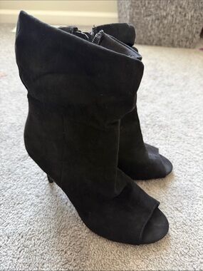 Black Suede Peep-Toe Slouch Ankle Boots